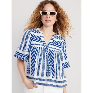 Old Navy Blue & White Geometric V-Neck Blouse